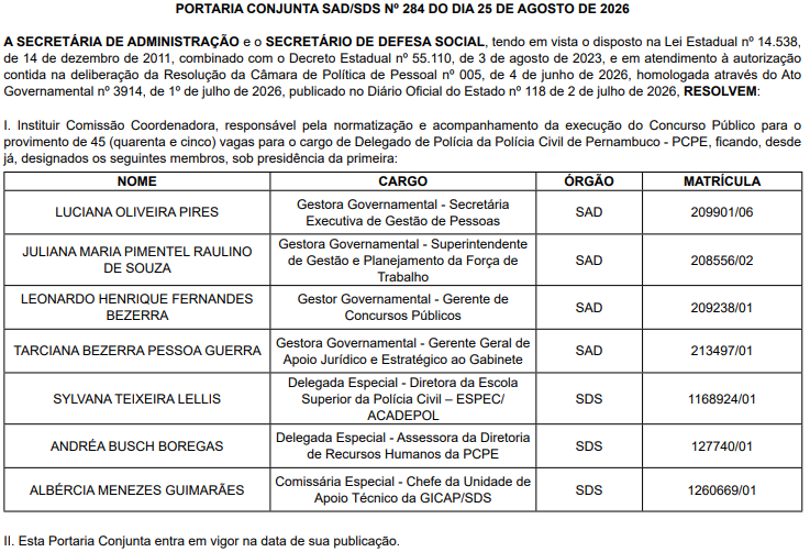 Comissão do concurso Delegado PE está formada
