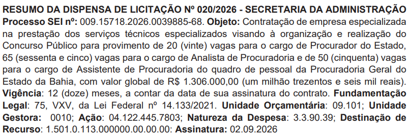 Banca definida para novo concurso Procurador PGE BA
