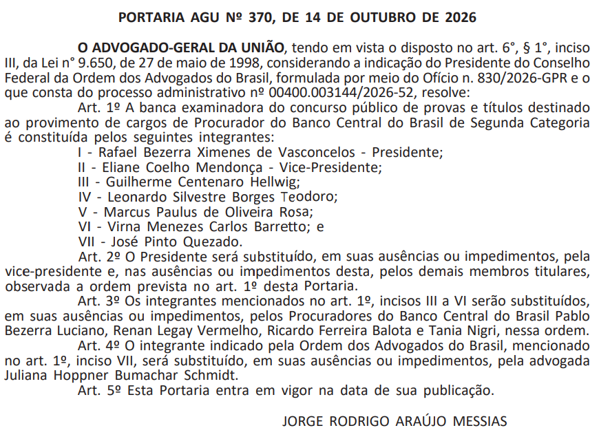 Banca examinadora do concurso AGU para Procurador BACEN